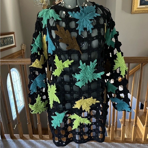 Michael Simon L XL XXL Open Knit Crochet Sweater Fall Leaves #1 mothers day gift